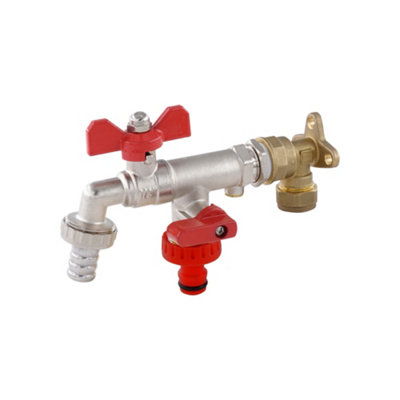 Warmer System Double Outlet Butterfly Handle Garden Tap With Check Valve And Wallplate Elbow Psw Tradesuppliers Ltd from B&Q