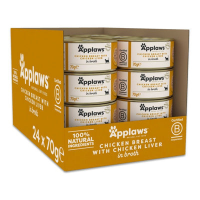 24 X 70G Applaws 100% Natural Wet Cat Food Tin Chicken Breast Liver In Broth