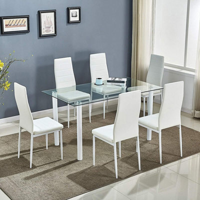 B&Q - Dining Table Set Of 6 Glass Table With 6 Chairs Kitchen Dining Table With 6 White Leather Chairs Furniture 