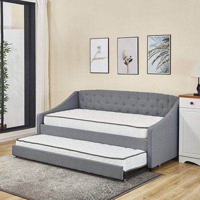 Kosy Koala Linen Fabric Daybed Grey Sofa Bed With Underbed Trundle Living Room Bedroom Furniture Guest Day Bed Sofabed With 2 Mattresses