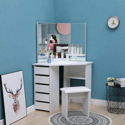 B&Q -  Corner Dressing Table With Mirrors And Stool Makeup Vanity Mirror Hollywood Table