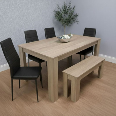 Kosy Koala Modern Oak Effect Dining Table Set With 4 Black Chairs And Bench Dining Room Furniture from B&Q