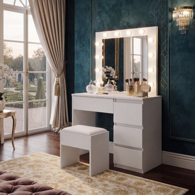 Portland White Dressing Table Set with LED Mirror - Wood - Image 3