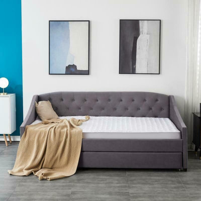 B&Q -  Daybed Grey Velvet Sofa Bed With Underbed Trundle Living Room Bedroom Furniture Guest Day Bed Sofabed With 2 Mattresses