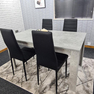 B&Q -  Stone Grey Effect Dining Table With 4 Black Faux Leather Chairs Stylish Dining Room Set