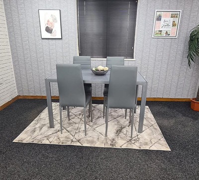 B&Q - Grey Glass Dining Set Table And 4 Grey Leather Wood Chairs Set Of 4 For Dining RoomKitchen Dining Table Set 