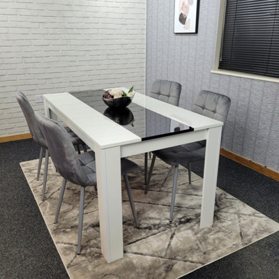Portland 4 Seater Dining Set Grey White Black - Velvet Upholstery with Wooden Legs - UV Painted Stripe Table - Image 11