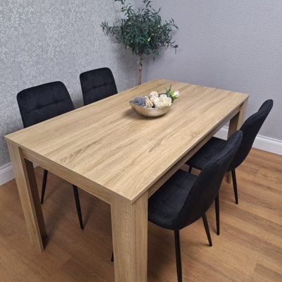 B&Q -  Oak Effect Dining Table Set With 4 Black Velvet Chairs Dining Room Furniture