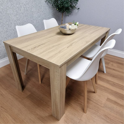 B&Q -  Dining Table And 4 White Chairs Padded Cushioned Seats Chairs Oak Effect Wood Table Set 4 (140X80X75Cm)