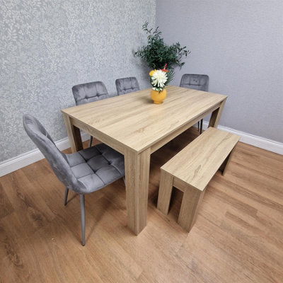 Kosy Koala Unisex Brown Oak Effect Dining Table Set W/ 4 Grey Velvet Chairs & Bench Dining Room Furniture In - Image 8