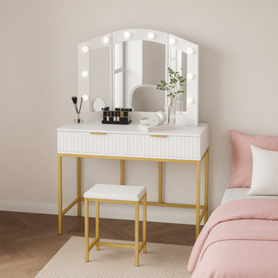 Kosy Koala Dressing Table Set With Bulb Lights 3-Way Mirror, Drawers And Stool - And - Hollywood Style White/Gold