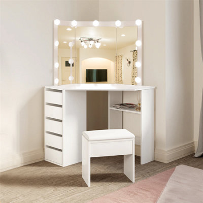 B&Q -  White Corner Dressing Table With 3 Mirrors Stool Led Bulbs 5 Drawers Makeup Vanity Table Bedroom Furniture