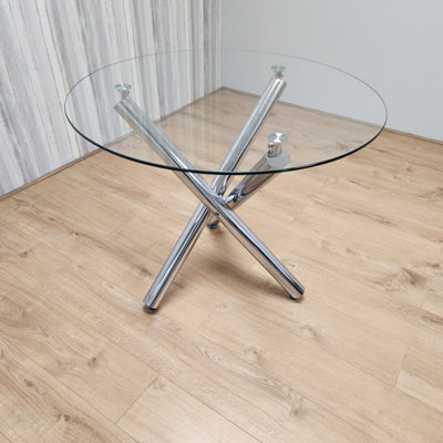 B&Q -  Modern Round Chrome Metal And Clear Glass Kitchen Dining Table Only