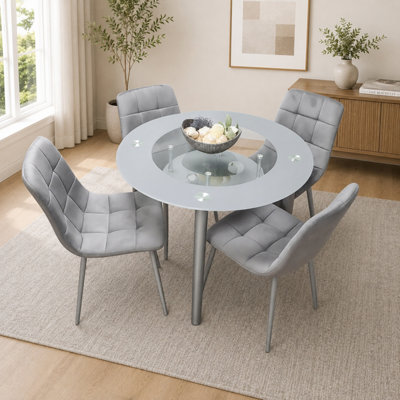 B&Q -  Round Glass Grey Kitchen Dining Table With Storage Shelf And 4 Grey Tufted Velvet Chairs Kitchen Dining Set