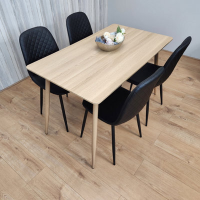 B&Q -  Rectangle Oak Effect Kitchen Dining Table With 4 Black Faux Leather Padded Chairs Dining Set