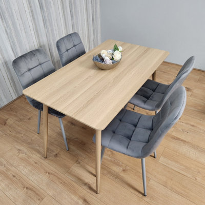 Kosy Koala Rectangle Oak Effect Kitchen Dining Table With 4 Velvet Tufted Chairs Dining Set Grey