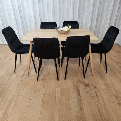 Kosy Koala Rectangle Oak Effect Kitchen Dining Table With 6 Velvet Tufted Chairs Dining Set Black