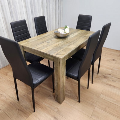B&Q -  Rustic Effect Table And 6 Black Metal Chairs Kitchen Dining Room Furniture Set Of 6