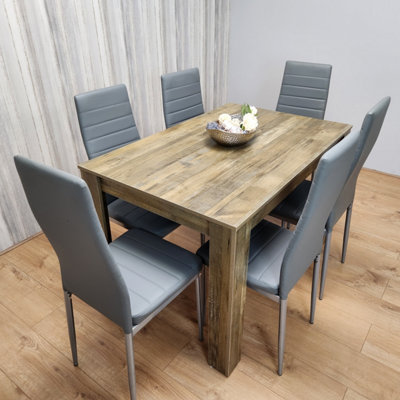 B&Q -  Rustic Effect Dining Table With 6 Grey Leather Chairs Kitchen Dining Set Of 6