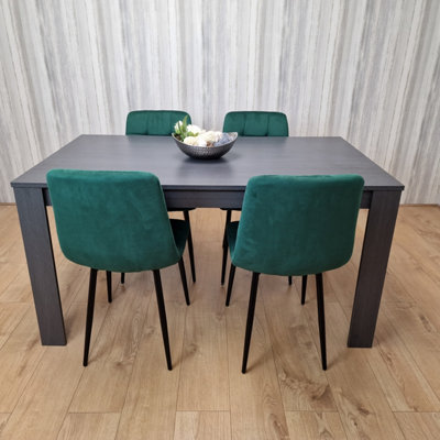 B&Q -  Dark Grey Dining Table With 4 Green Velvet Chairs Modern Kitchen Dining Set