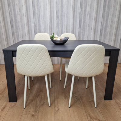 B&Q -  Dining Table With 4 Cream Stitched Padded Chairs Dark Grey Table Kitchen Dining Table Dining Room Dining Set