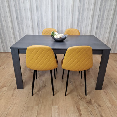 B&Q -  Luxurious Dark Grey Dining Table With 4 Mustard-Stitched Chairs Dining Room Set