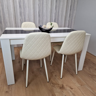 Kosy Koala Dining Table Wooden With 4 Stitched Leather Chairs Set White/Black/Cream