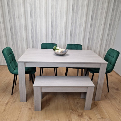 B&Q -  Modern Grey Rectangle Dining Table Set With 4 Green Velvet Chairs And 1 Bench Dining Room Furniture