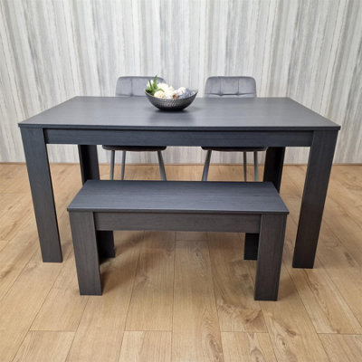 B&Q -  Modern Dark Grey Dining Table Set With 2 Grey Velvet Chairs And 1 Bench