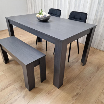 B&Q -  Modern Arrow Design Dining Table Set With 2 Black Velvet Chairs And 1 Bench Dining Room Furniture