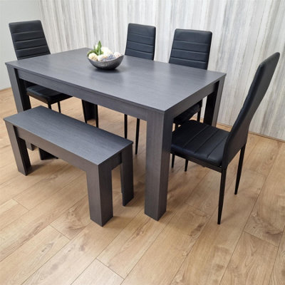 B&Q -  Modern Dark Grey Dining Table Set With 4 Black Metal Chairs And 1 Bench