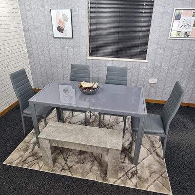B&Q -  Dining Table Set With 4 Grey Faux Leather Chairs And Bench Kitchen Dining Room Furniture