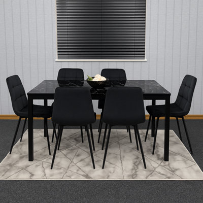 Kosy Koala Glass Marble Effect Dining Table Set With Velvet Chairs Black