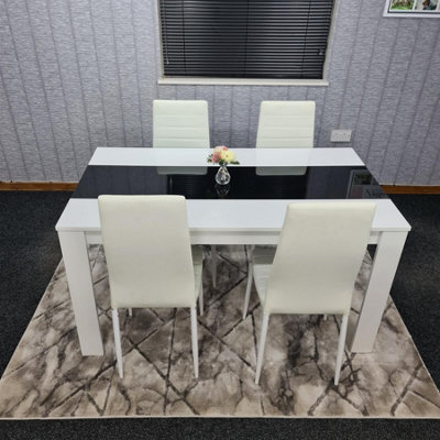 B&Q -  Modern White And Black Dining Table Set With 4 White Chairs Dining Room Furniture