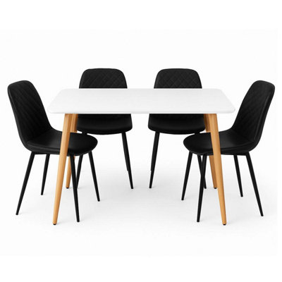 B&Q -  Modern Rectangle White Dining Table Set With 4 Black Chairs Dining Room Furniture