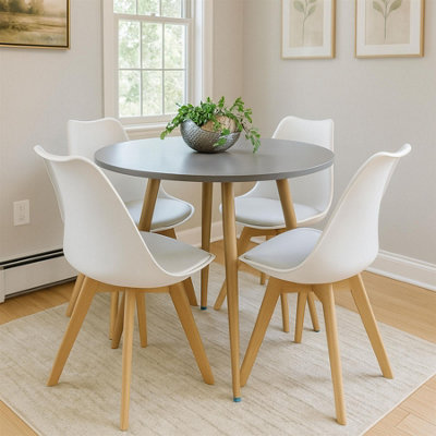 B&Q -  Dining Table And 4 Chairs Grey Round Table With 4 White Plastic Chairs Dining Room Furniture