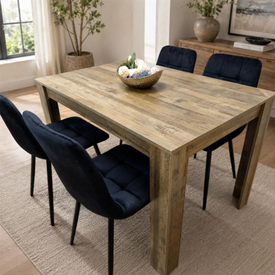 Kosy Koala Dining Table And 4 Chairs Rustic Effect Wood Table 4 Velvet Chairs Dining Room Black