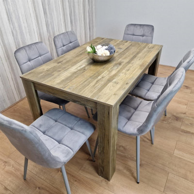 Kosy Koala Dining Table And 6 Chairs Rustic Effect Wood Table 6 Velvet Chairs Dining Room Grey