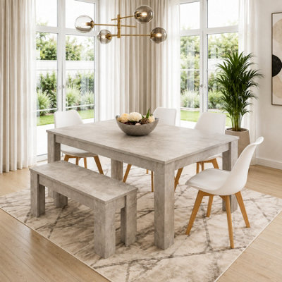 B&Q -  Stone Grey Effect Wood Dining Table Set With Bench And 4 White Plastic Chairs Modern Dining Room Furniture