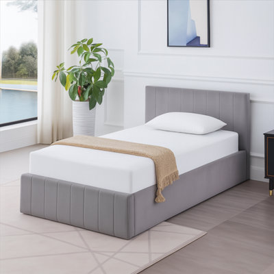 Not Available Ottoman Bed Gas Lift Storage Grey 3Ft Single With 1 Mattress Line Pattern Velvet Bedroom