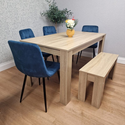 Portland 6 Seater Velvet Dining Bench Set - Oak Effect Table - Blue Chairs - Image 9