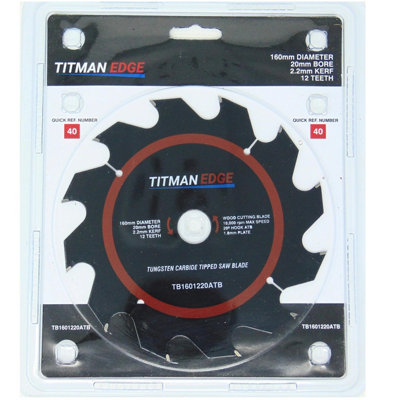 Titman Edge: 160mm Diameter TCT Saw Blade, 12 tooth & 20mm Bore Titman Edge TB1601220ATB