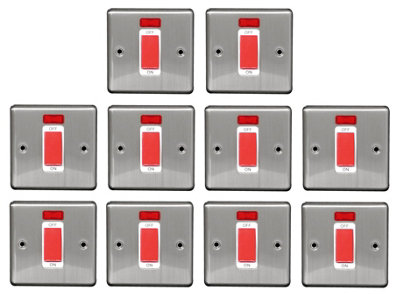 Arlec 10 Pack Brushed Stainless Steel 45A 1 Gang Double Pole Switch With Neon Indicator from B&Q