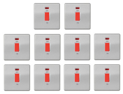 Arlec 10 Pack Brushed Stainless Steel Screwless 45A Neon Indicator Switches 1 Gang Double Pole For High-Load Appliances from B&Q