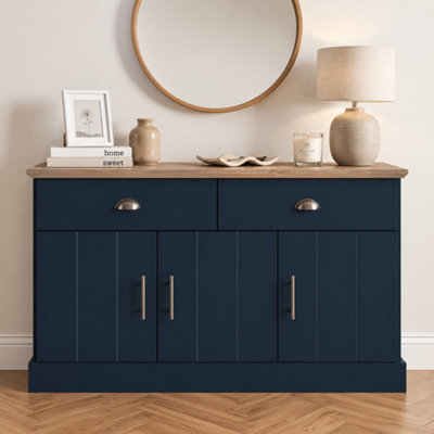 GFW Kendal Large Sideboard - 3 Door 2 Drawer - Slate Blue - Oak Effect Top - Image 8
