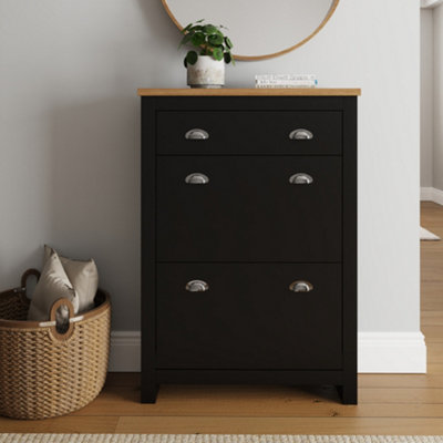 GFW Lancaster 2 Door 1 Drawer Shoe Cabinet - Oak - Black - Image 7