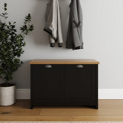 GFW Lancaster Black 2 Door Shoe Cabinet, Country Cottage Hallway Storage Unit with Oak Effect Top - Image 8