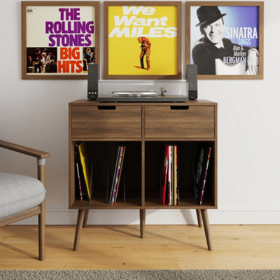 B&Q Gfw Jaxon 2 Drawer Vinyl Turntable Stand Walnut