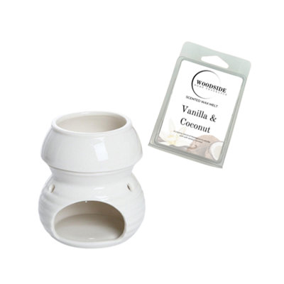 Wax Melt Burner With Tea Light SpoonWhite With Woodside Vanilla & Coconut Wax Melt from B&Q