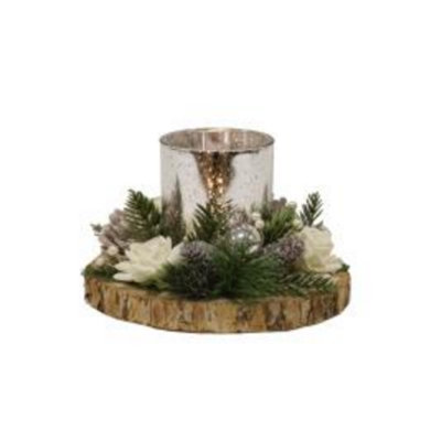 Christmas Tea Light Candle HolderSilver Holder With White Rose & Pine Cones from B&Q